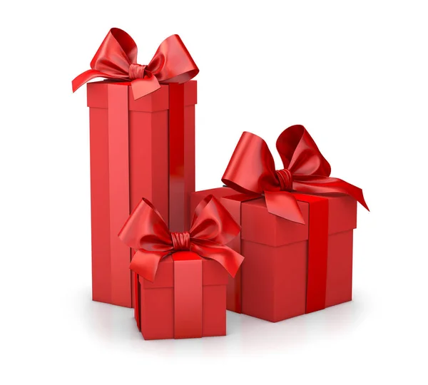 Noël Jour Groupe Trois Boîtes Cadeaux Rouges Ruban Fond Blanc — Photo