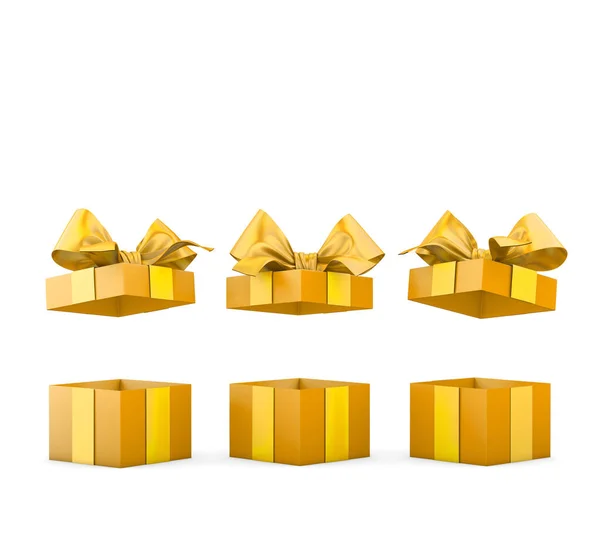 Boże Narodzenie Nowy Rok Grupa Trzy Otwarte Żółte Pudełka Złoty — Zdjęcie stockowe
