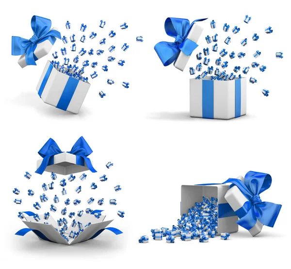 a lot of blue gift box for Merry Christmas, New Year\'s Day , Open Gift boxes emitting little gift many boxes with a blue ribbon ,3d rendering