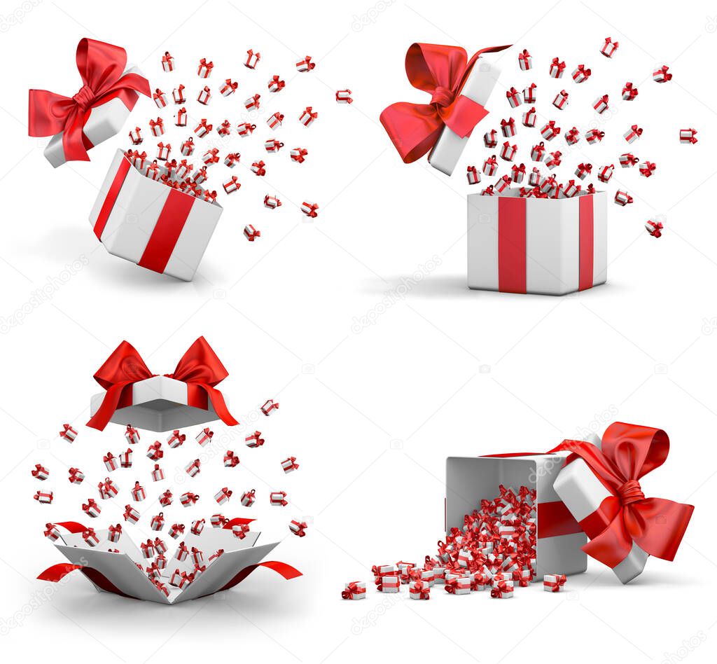 a lot of red gift box for Merry Christmas, New Year's Day , Open Gift boxes emitting little gift many boxes with a red ribbon ,3d rendering
