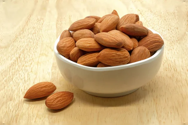 Almonds Bowl Wooden Background — Stock Photo, Image