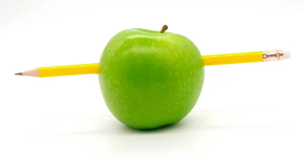 Yellow Pencil Did Green Apple — Stock Photo, Image