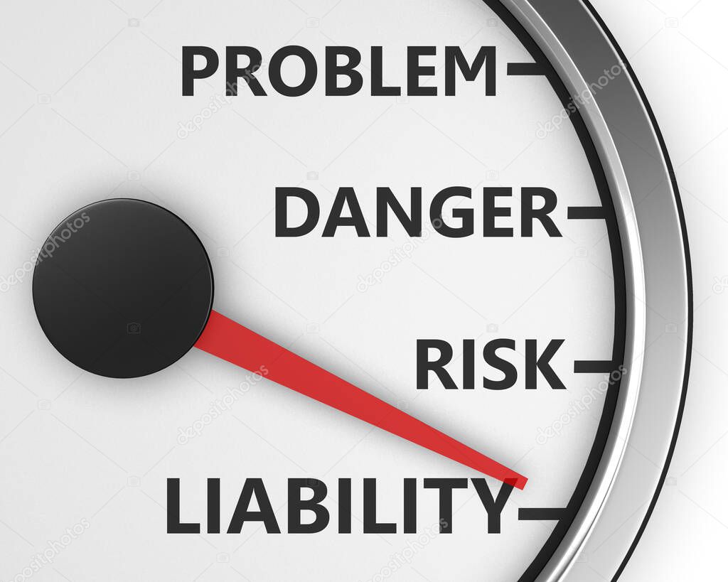 Problem, Danger, Risk  and Liability words on a speedometer 3d rendering