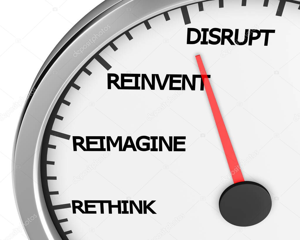 Disrupt Rethink Reimagine Reinvent Speedometer Words Change 3d Illustration rendering