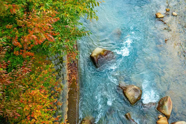 Cores Outono Vermelho Folhas Rio Montanha Que Flui Fukushima Japão — Fotografia de Stock