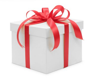 Noel ve Yeni Yıl Günü, Kırmızılı hediye kutusunu açın Kırpma yolu olan beyaz arka plan