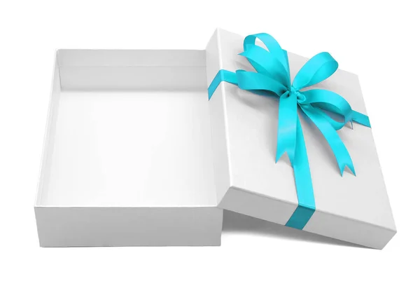 Χριστούγεννα Και Την Πρωτοχρονιά Άνοιγμα Μπλε Κουτί Δώρου Ουρανό Λευκό — Φωτογραφία Αρχείου