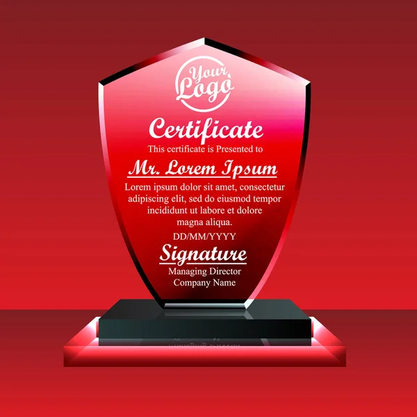 Crystal trophy sertifika tasarım şablonu kırmızı zemin üzerine.