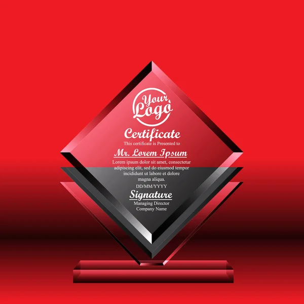Crystal trophy sertifika tasarım şablonu kırmızı zemin üzerine.