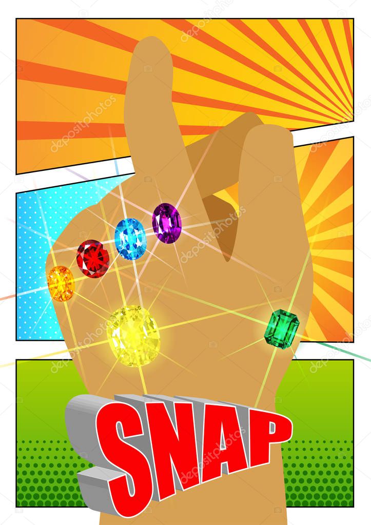 6 Gems and Glove on comic Background. Vector illustration