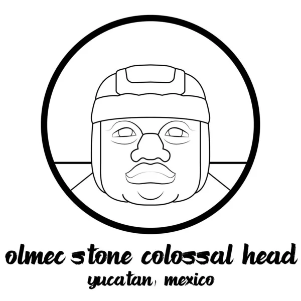 Círculo Icono Línea Piedra Olmeca Cabeza Colosal Ilustración Vectorial — Vector de stock