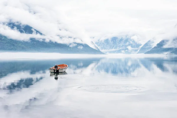 Beautiful Landscape Fjord Boat Clouds Reflected Water Norway — Stock Photo, Image