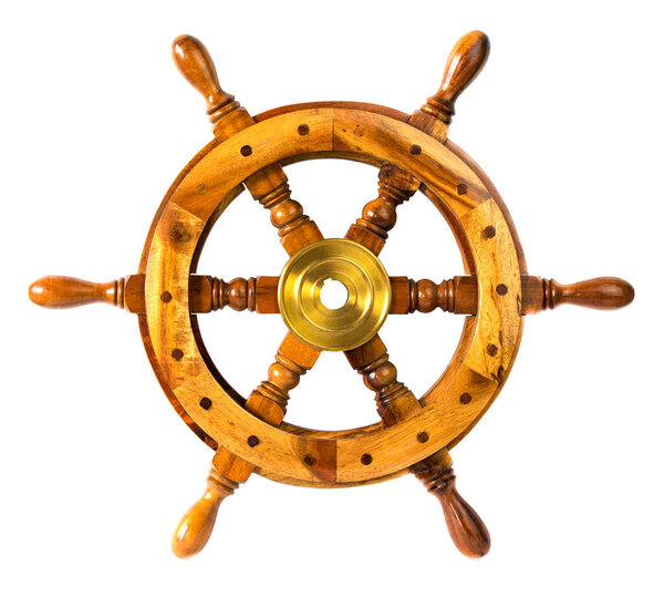 Old vintage wooden steering sheep wheel, isolated on white background