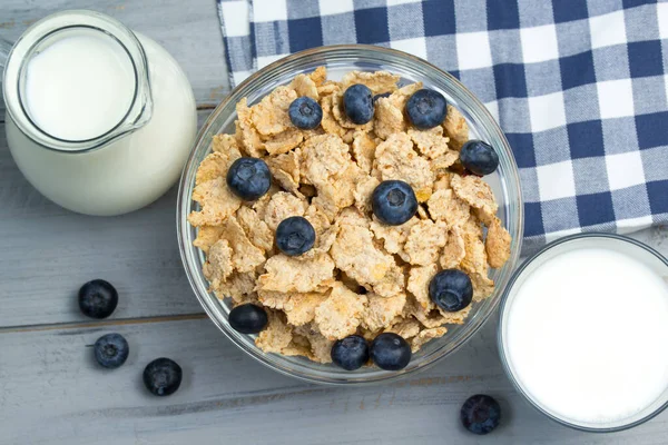 Healthy Breakfast Concept Bowl Cereals Fresh Blueberries Glass Jug Milk — Stock Photo, Image
