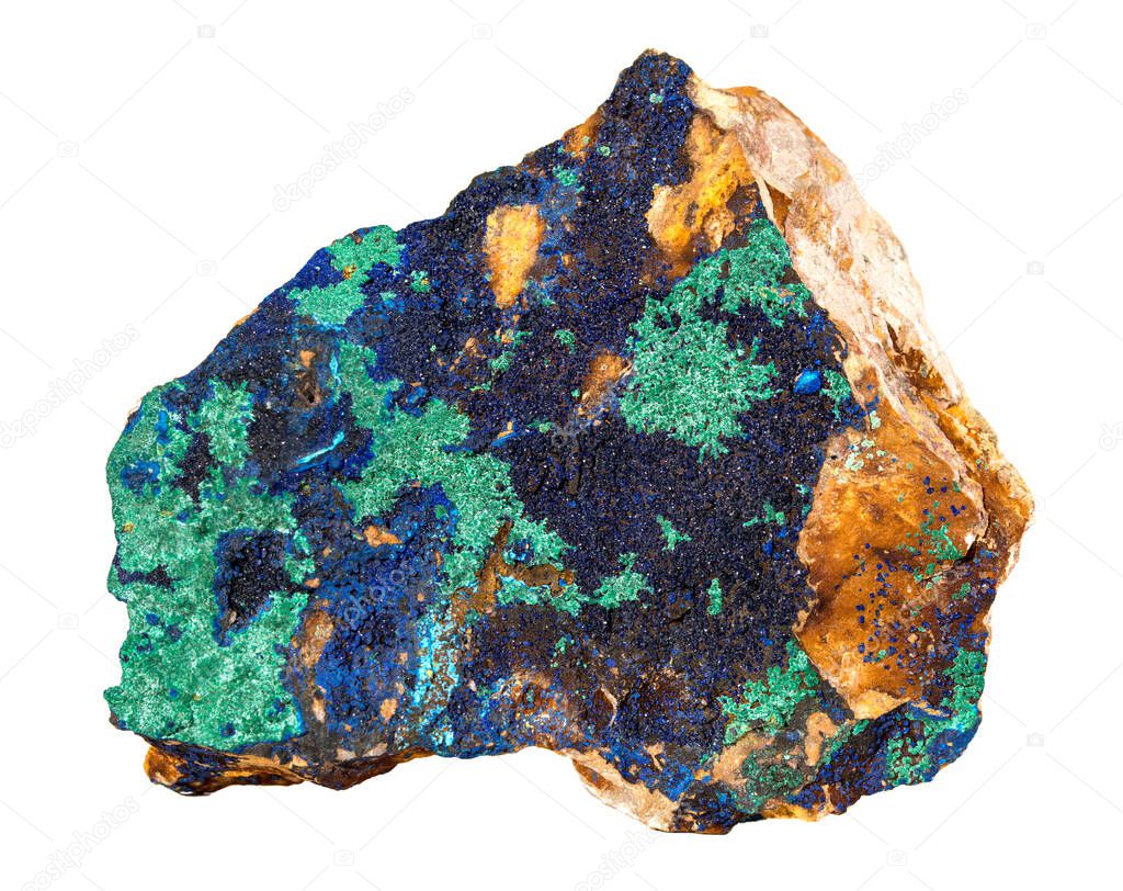 Azurite deep blue with green copper mineral rock isolated on white background