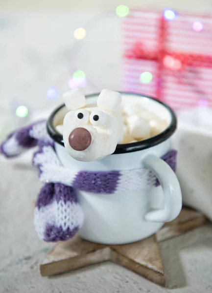 Mug Hot Chocolate Polar Bear Marshmallow Face Christmas Decorations — Stock Photo, Image