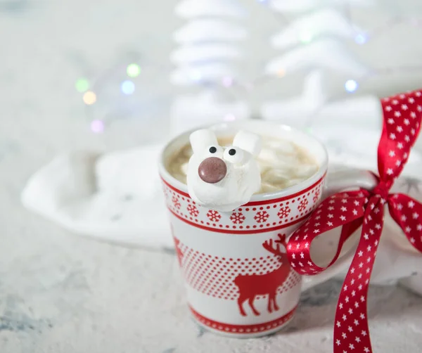 Mug Hot Chocolate Polar Bear Marshmallow Face Christmas Trees Decorations — Stock Photo, Image