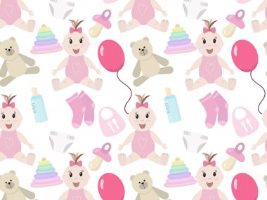 Bebek eşyalarının kusursuz vektör deseni, bebekler için oyuncaklar
