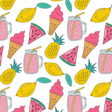 Güneş gözlüğü, karpuz, limon, ananas ve limonata ile yaz temalı kusursuz bir vektör deseni. Parlak izole tropikal desen.