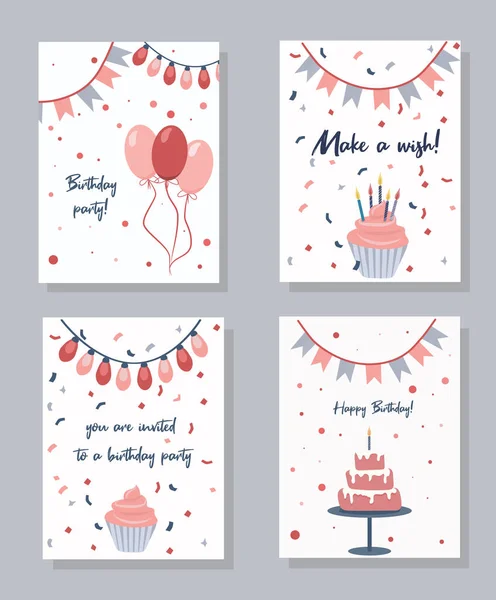 Doğum günü kartlarının, davetiyelerin ve el ilanlarının vektör çizimleri. Tebrik kartı şablonu.