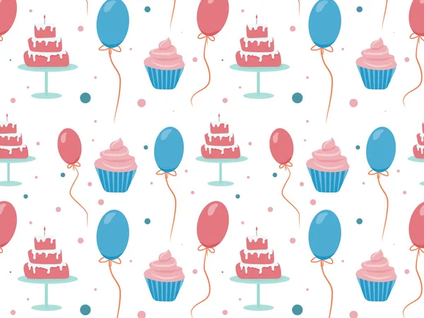 Seamless Birthday Pattern Cake Cupcake Confetti Balloons Vector Illustration Can — Stock Vector