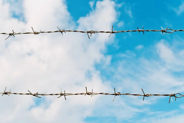Taggtråd Stängsel Blå Himmel Med Moln — Stockfoto
