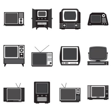 Klasik televizyon simgeleri, 12 gri ölçekli televizyon katı simgeleri, Vektör illüstrasyonu, Karikatür katı simgeleri, Retro televizyon simgeleri