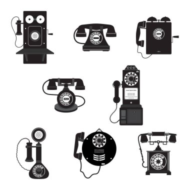 Eski telefon simgeleri, sekiz gri ölçekli retro telefon katı simgeleri, Vektör illüstrasyonu, Çizgi film katı simgeleri, Retro telefon simgeleri