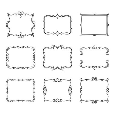 Doodle dekoratif çerçeve, dokuz sevimli dekoratif çerçeve, davetiye mektubu veya kart için dekoratif çerçeve, tebrik kartı için çerçeve, Vektör illüstrasyon