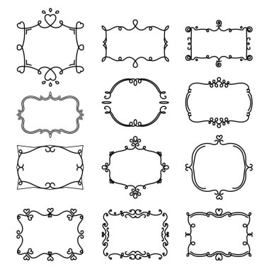 Doodle dekoratif çerçeve, 12 sevimli dekoratif çerçeve, davetiye mektubu veya kart için dekoratif çerçeve, tebrik kartı için çerçeve, Vektör illüstrasyon