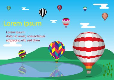 Gökyüzünde sıcak hava balonları, bulutlu ve dağlı balonlar, Balon vektör arka planı, Vektör illüstrasyonu, Çizgi film vektör çizimi 