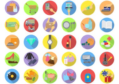 Uzun gölgeli alışveriş kategorileri düz simgeler, 30 renkli çevrimiçi alışveriş sitesi simgesi, Vektör illüstrasyon, alışveriş simgeleri, çevrimiçi alışveriş dairesi resimleme