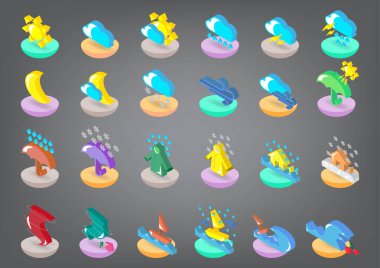 Isometric hava durumu düz simgeleri seti, gri arkaplan üzerindeki hava tahminleri ikonları tasviri, hava sembollü 3d vektör renkli illüstrasyon, Vektör illüstrasyonu, Çizgi film vektör ilülasyonu