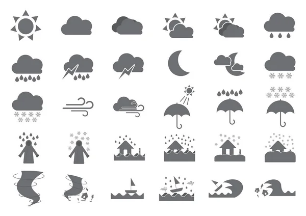 Thirty Weather Solid Icons Grey Scale Weather Solid Icons Vector — Stock Vector