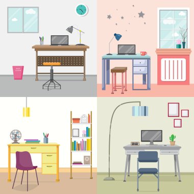 Ev çalışma alanı düz sahne tasarımı, ev tasarımında çeşitli çalışma alanları, basit ofis alanı düz sahne tasarımı, evde çizgi film çalışma alanı, Vektör illüstrasyonu 