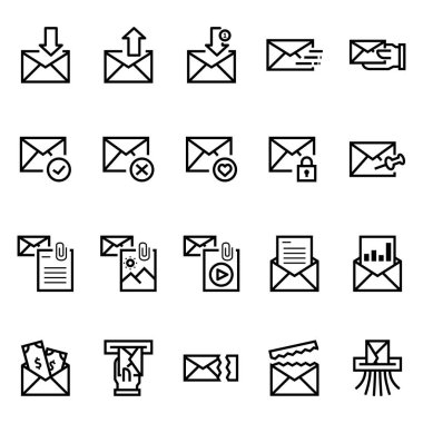 Posta ile ilgili satır simgeleri, 20 posta satırı simgesi, e- posta ile ilgili vektör satırı simgeleri, e- posta satırı simgeleri, Vektör illüstrasyonu