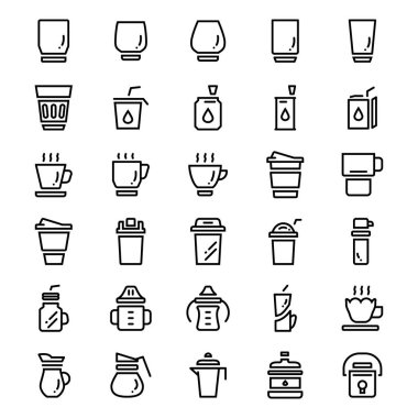 İçki sırası simgeleri için çeşitli bardaklar, mükemmel gözlük, ince çizgi simgeleri, basit sıvı kaplar çizgi simgeleri, çizgi çizgi simgeleri, Vektör illüstrasyonu 