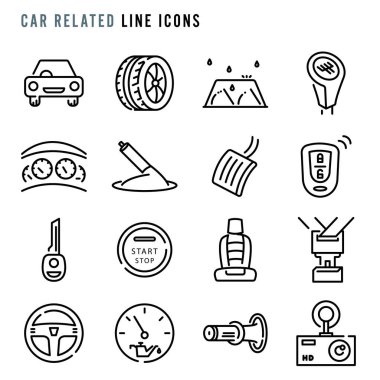 Araba bağlantılı çizgi simgeleri, pikselle ilişkili mükemmel araba çizgisi simgeleri, basit araba tabela simgeleri şirin çizgi çizgi çizim simgeleri, vektör illüstrasyonu. 