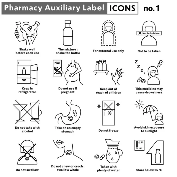 Pharmacy Auxiliary Label Line Icons Medicine Caution Label Sign Caution — Stock Vector