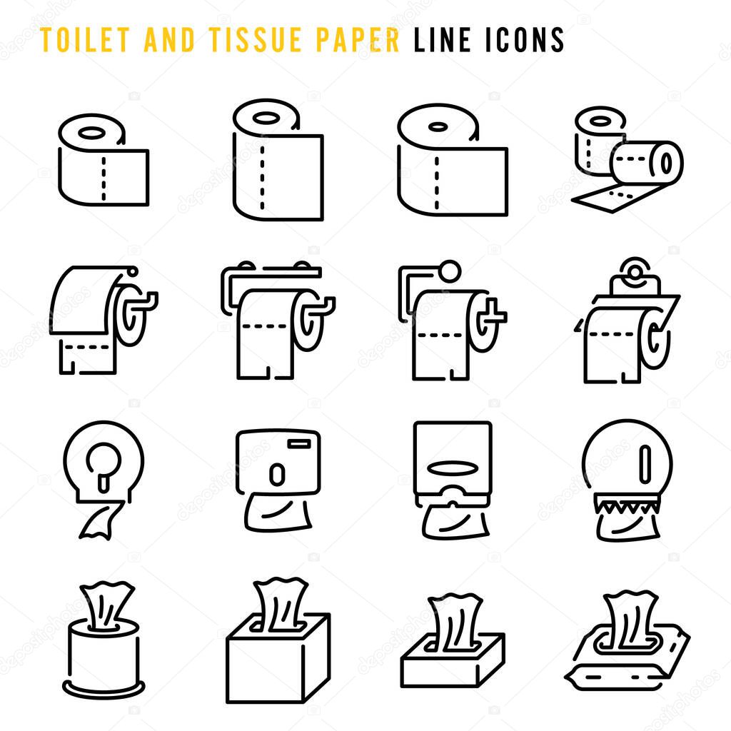 Toilet and tissue paper line icons, Various toilet and tissue paper line icons, Cute cartoon line icons of toilet and tissue paper items, Abstract toilet and tissue paper line icons, Vector illustration