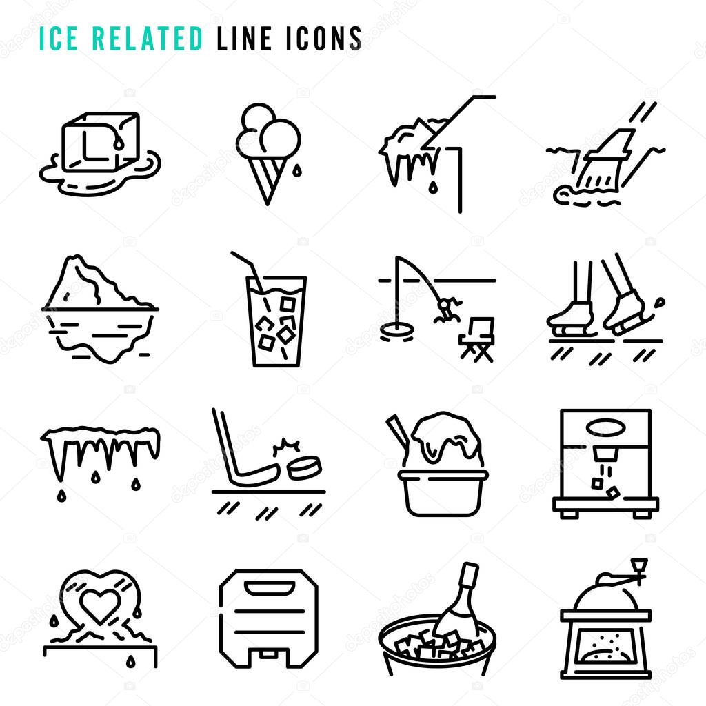Ice related line icons,  Set of simple ice related sign line icons, Cute cartoon line icons set, Vector illustration, Ice related things line icons