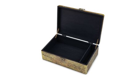 Eski bir sandık olarak dekore edilmiş ahşap kutu, aşınmış metal..