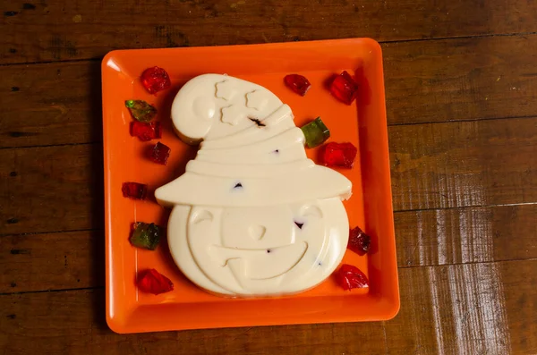 Gelée Mosaïque Forme Citrouille Avec Chapeau Sur Une Assiette Orange — Photo