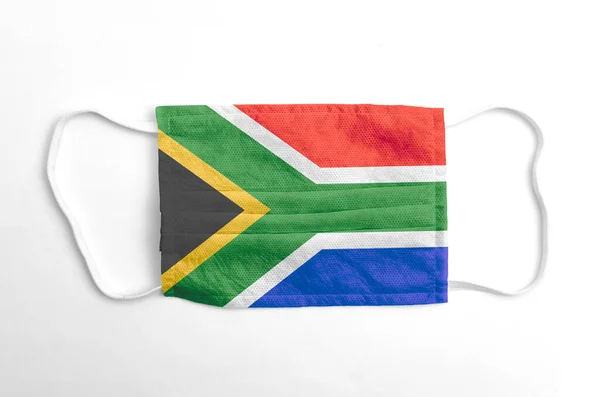 Máscara Facial Con Bandera Sudáfrica Impresa Sobre Fondo Blanco Aislada —  Fotos de Stock