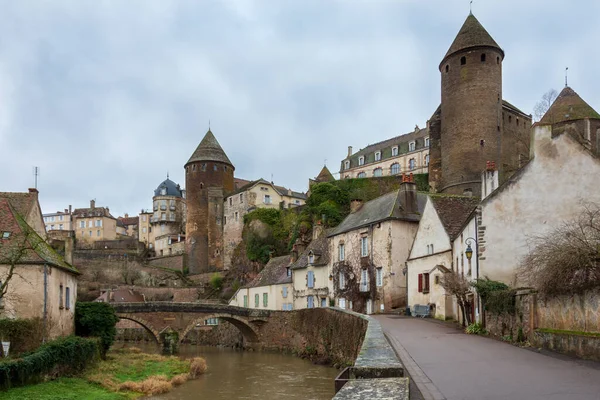 Bank Armancon River Středověké Město Semur Auxois Burgundsko Francie — Stock fotografie