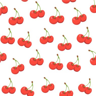 Beyaz arka planda izole edilmiş kusursuz kiraz deseni. Vektör tekstil. Meyve örnekleme.