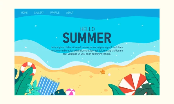 Verano Diseño Página Web Aterrizaje Playa Tropical Banner Vectorial Estilo — Vector de stock