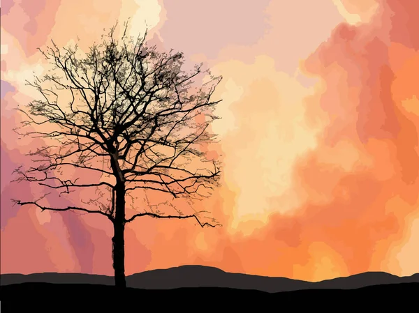 Ağacın siluetiyle romantik kış günbatımı. Sarı güneş, turuncu gökyüzü, siyah ağaç, dağlar....