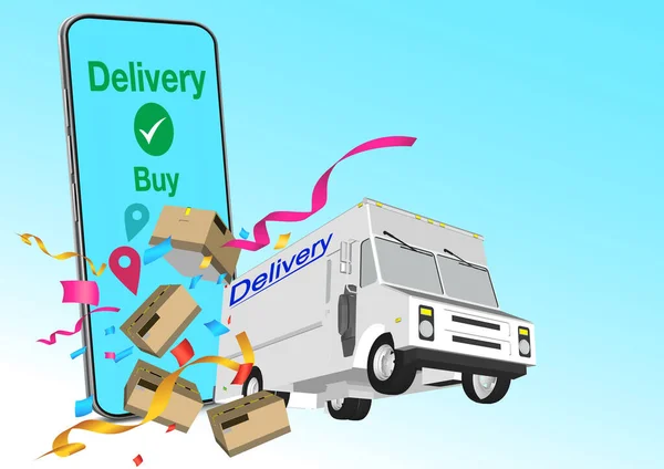 İHA 'lı UI çizimi, bisikletli kurye ve kutulu teslimat minibüsü. Modern şehirle internet taşımacılığı konsepti. Ulaşım ve lojistik dijital alışveriş reklam pankartı.