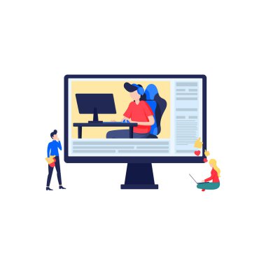 Vektör illüstrasyonu, oyun akışı, erkek oyuncu oyunları ve yorumları oyun süreci, siber spor yayını, popüler video içeriği, canlı yayında izleyici grubu ve eleştirmenler.